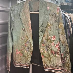 Floral Herbal Print Military Jacket Blazer with Black Crosses and Gold Buttons